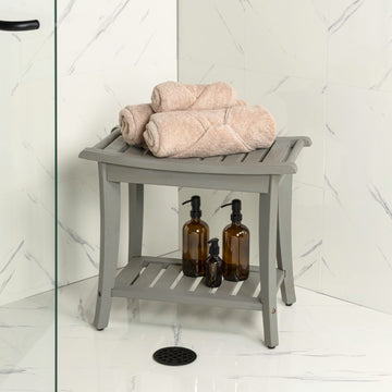 Tucker 22.1" Traditional Classic Slatted Solid Acacia Wood Indoor/Outdoor Shower Bench with Shelf and Handle